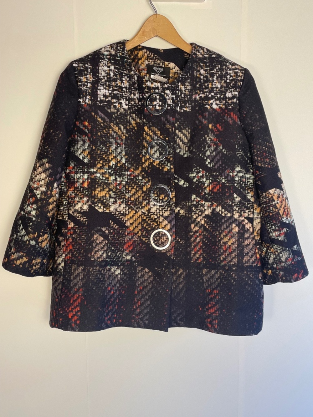 Angel Apparel Abstract Tweed Grid Print Collarless Jacket Size M Made in Turkey